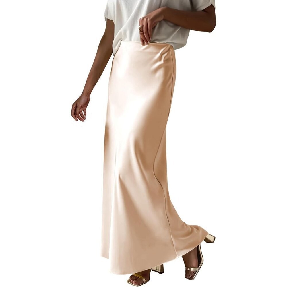 Women Champagne Maxi Dressy Casual Zipped High Waisted Silk Elegant Long Skirt